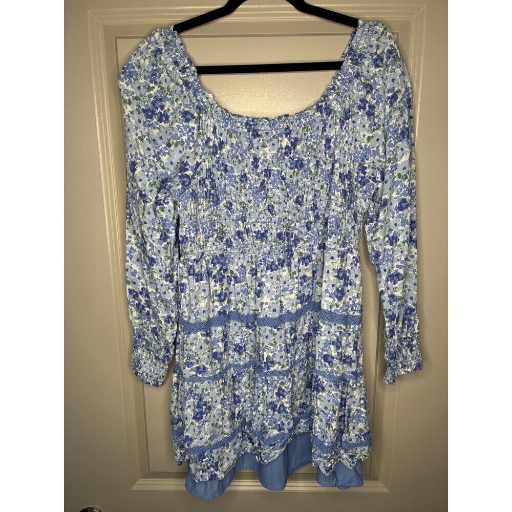 Japana Shirred Tiered Mini Dress Long Sleeve Blue Floral Size XL